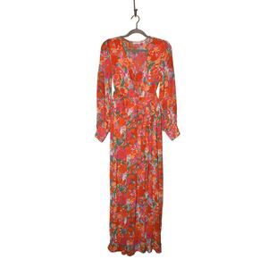 PINK LILY $79‎ Long Sleeve Surplice Neck Tie Waist Maxi Dress Floral Print Small